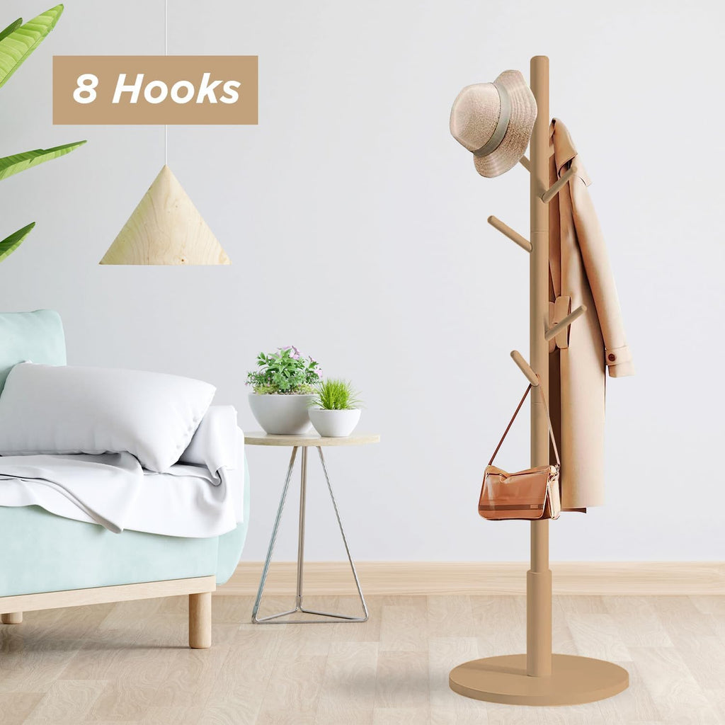 edihome, Coat Stand with Round Base, Freestanding Coat Rack with 8 Hooks, 172 x 38 x 38 cm, Wooden Hall Tree for Coats, Hats, Jackets - image 5