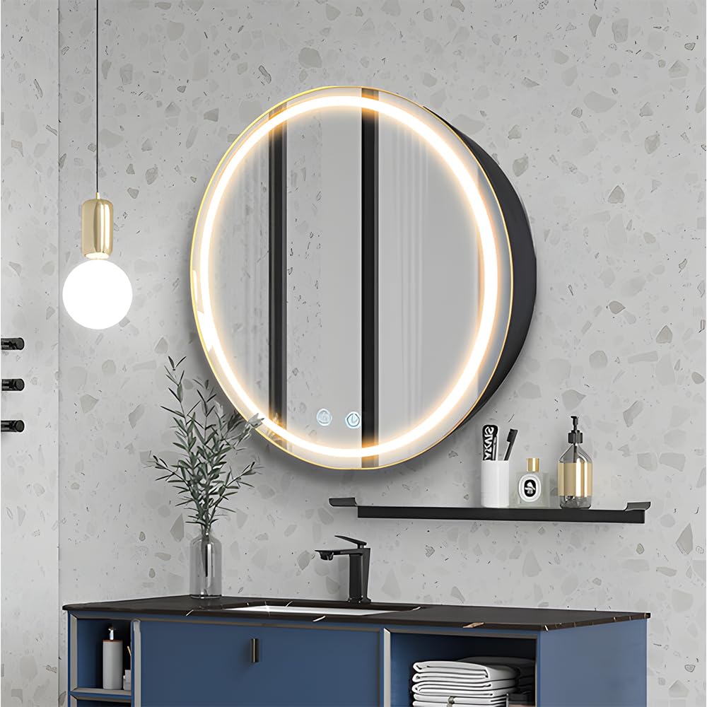Janboe 51cm Round LED Medicine Cabinet | Dimmable Anti-Fog Mirror - Black