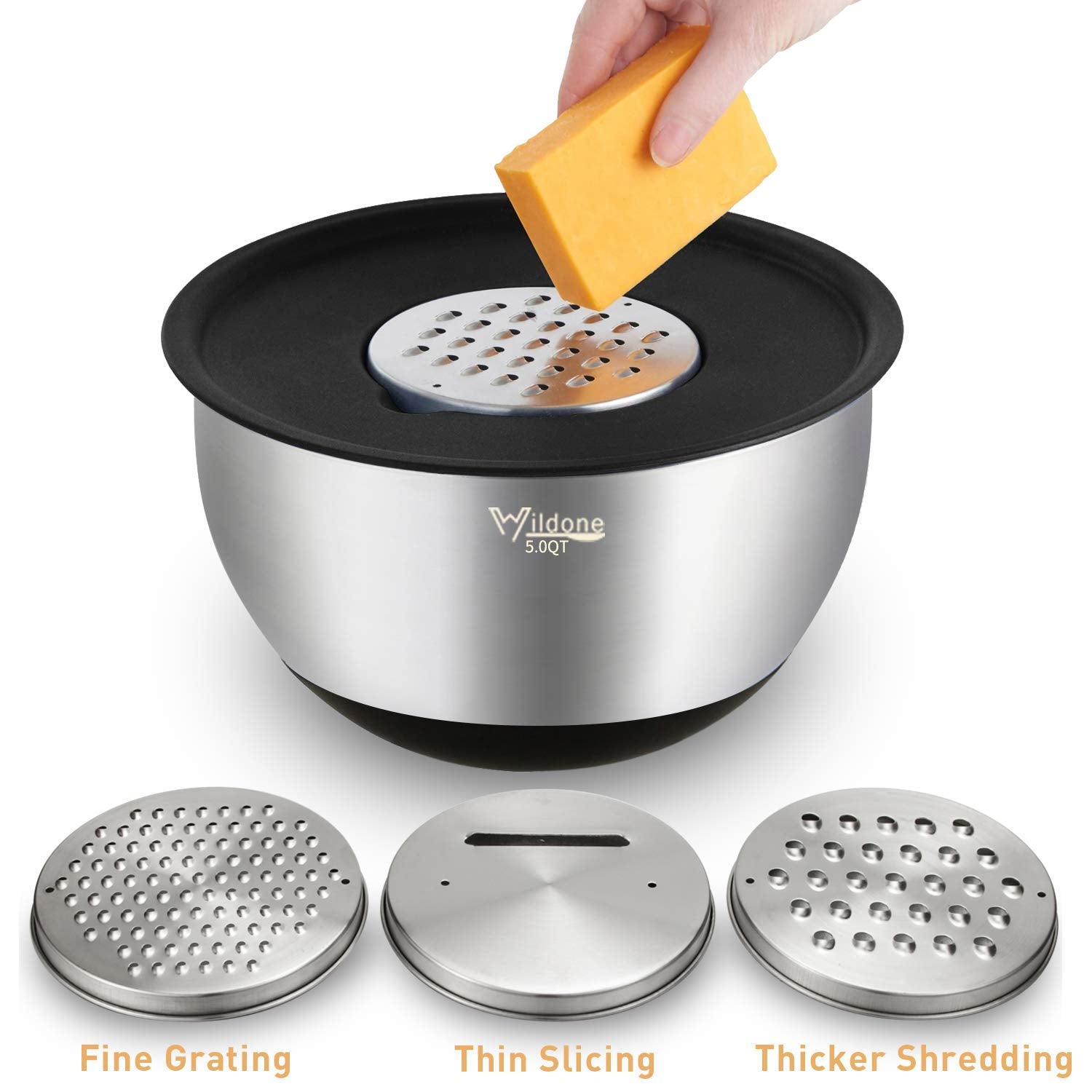 Wildone 5-Piece Stainless Steel Mixing Bowls with Airtight Lids & Graters
