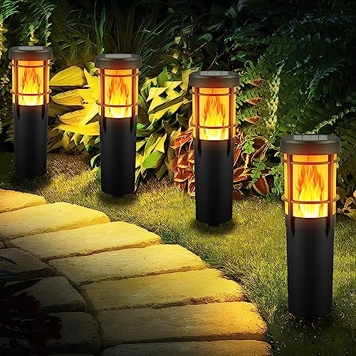 Ainostone Solar Torches | 4-Pack RGBW Flickering Flame Garden Lights