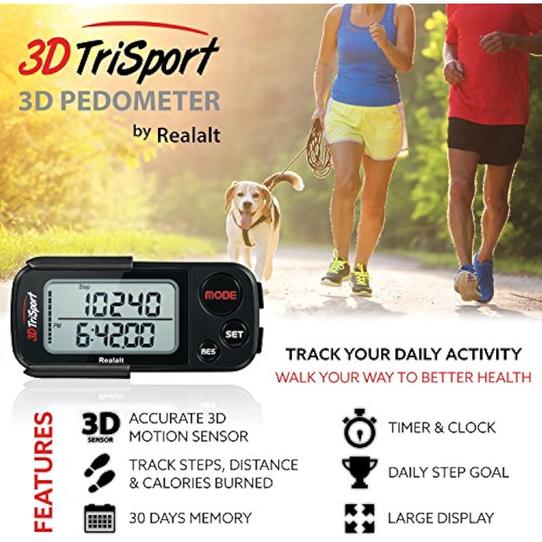 3DTriSport 3D Pedometer – Accurate Step Counter with 30-Day Memory