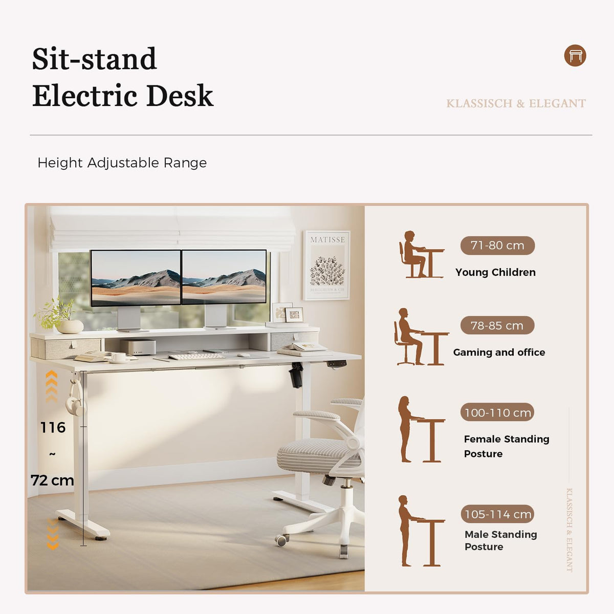 Klicelor Electric Height Adjustable Desk, with 2 Fabric Drawers, 120x60cm