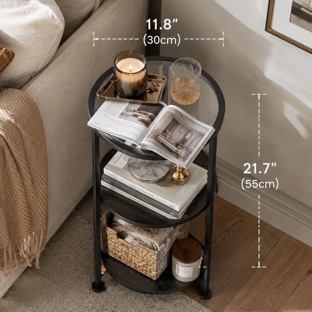 Glass Side Table, 3-Tier Round Side Table with Tempered Glass Top, Black - image 4