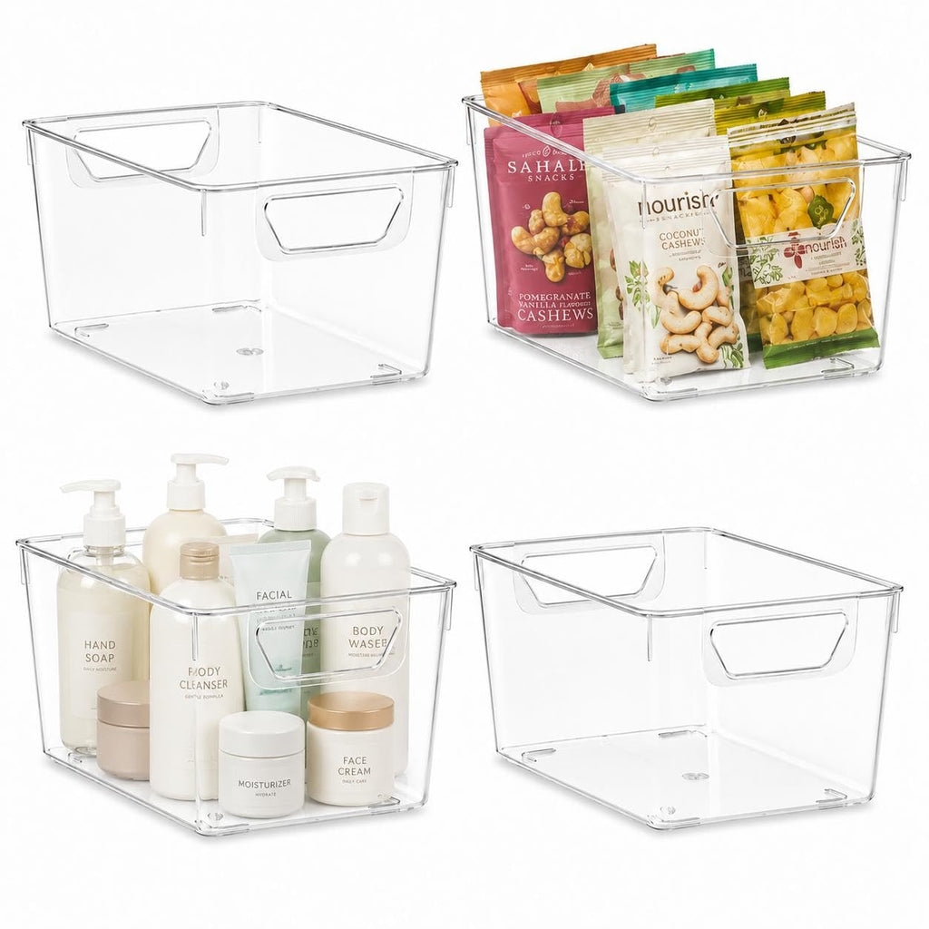 Sydroya 4 Pack Clear Plastic Storage Bins, Pantry Organiser Bins with Handle for Fridge, Kitchen, Cupboard Organization, Refrigerator, Countertop - image 1