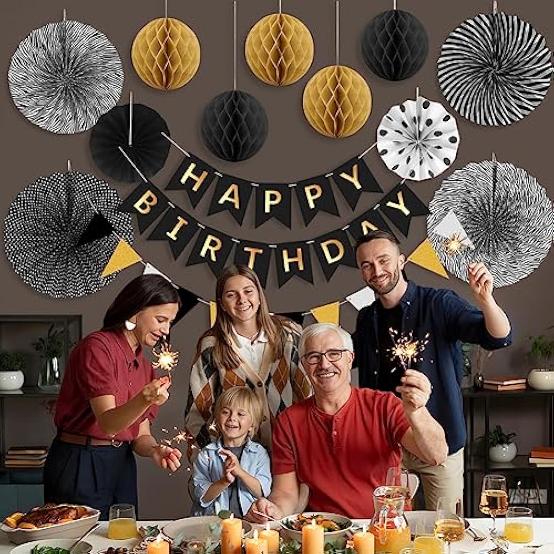 Wonsta Black and Gold Birthday Decorations - Reusable Party Kit