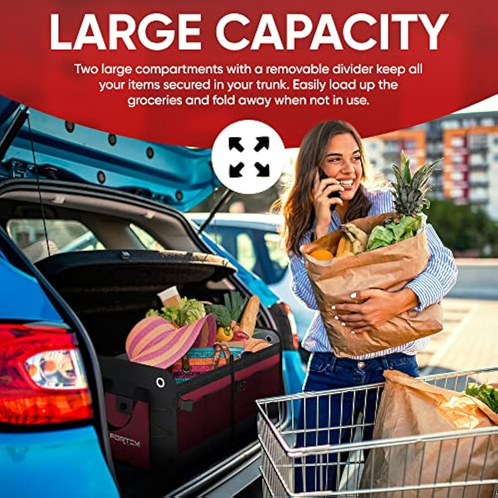 Fortem Car Boot Organiser – Collapsible 2-Compartment Storage with Lid, Red