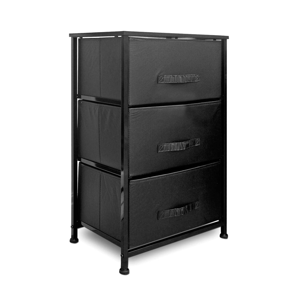 Clarisworld 3-Drawer Storage Tower Dresser | Black Fabric & Wood Top