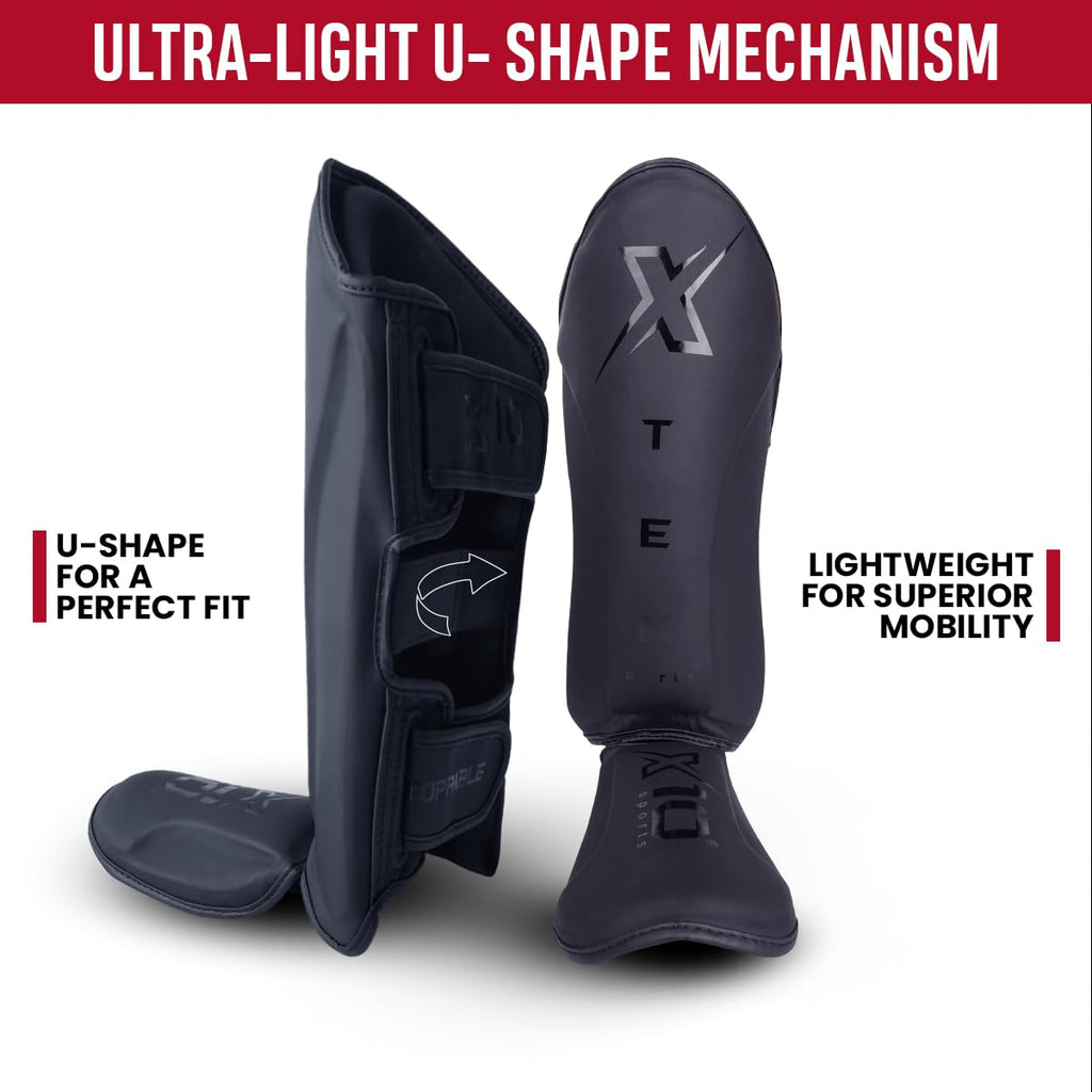 XTEN SPORTS Muay Thai Shin Guards – Gel Padded Leather MMA Gear, Matte Black