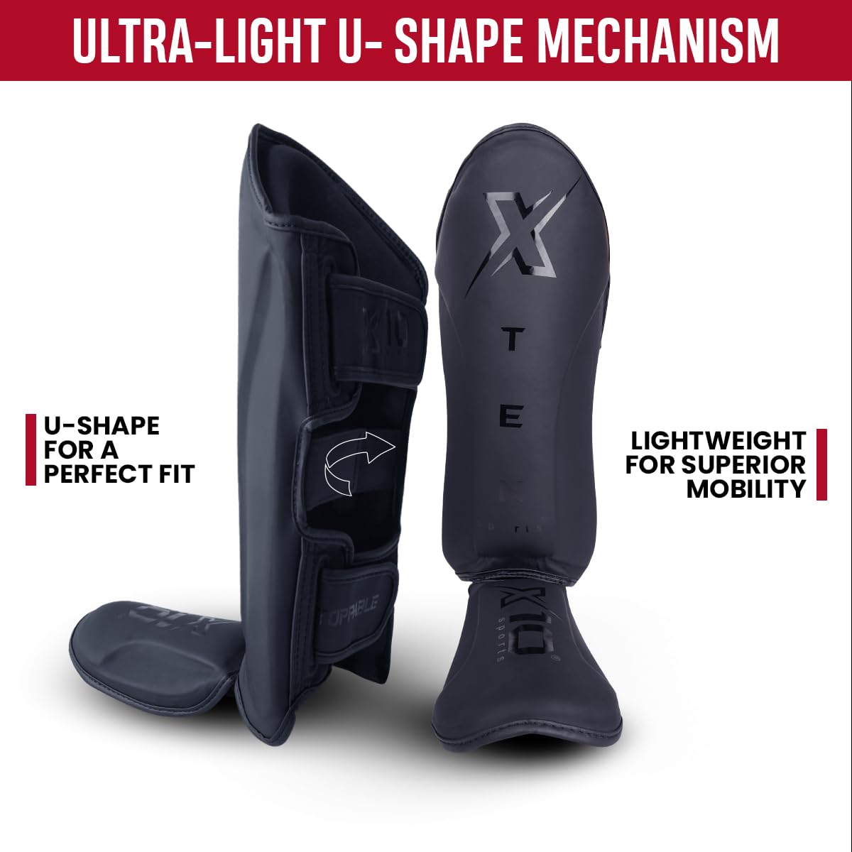 XTEN SPORTS Muay Thai Shin Guards – Gel Padded Leather MMA Gear, Matte Black