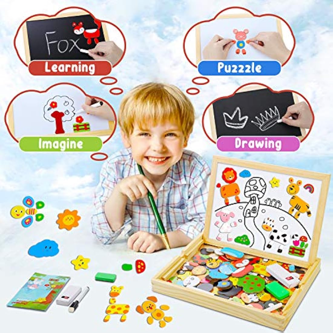 COOLJOY Wooden Magnetic Puzzle | 100+ Piece Educational Drawing Board