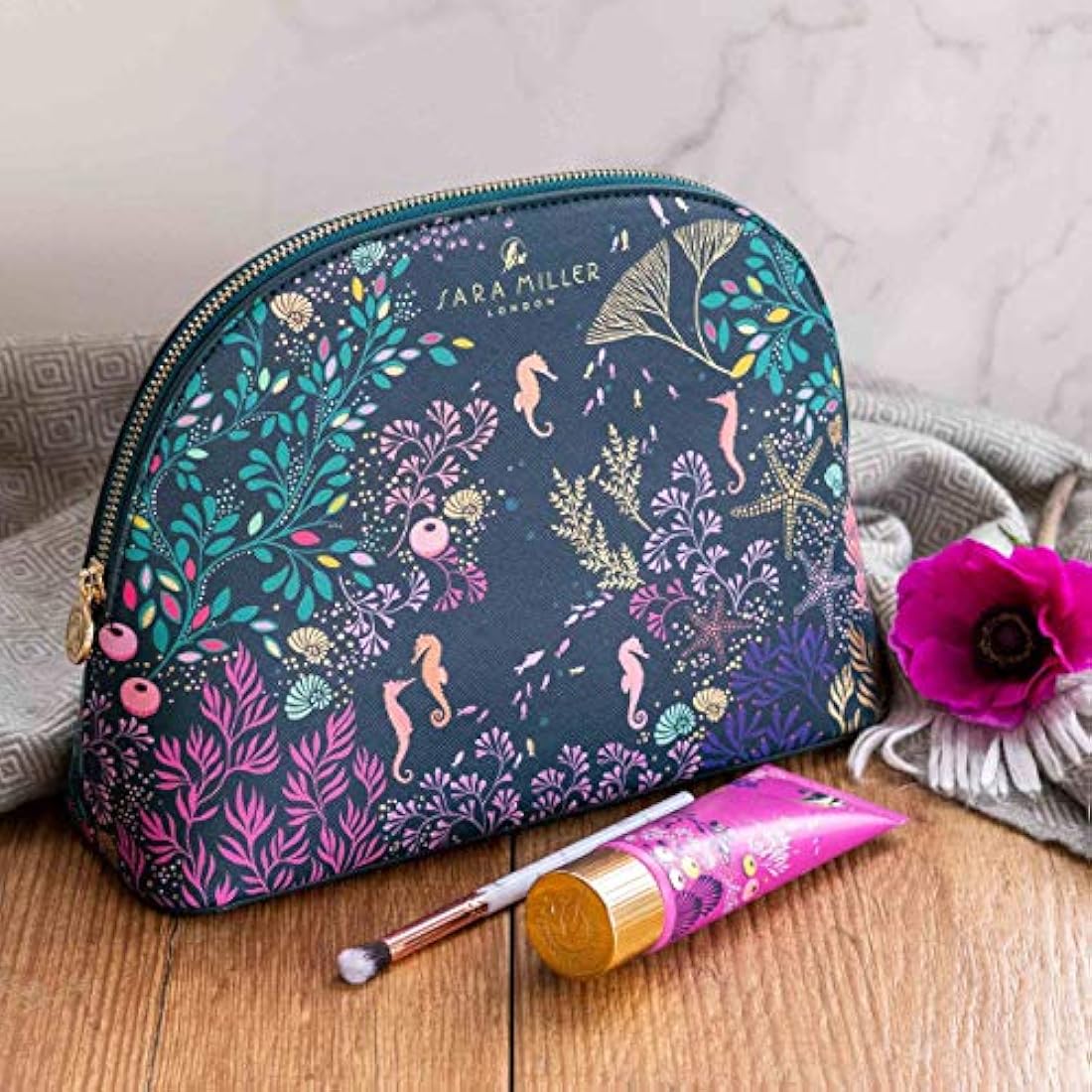 Sara Miller London Vegan Leather Cosmetic Bag | Teal Seascape Wash Bag