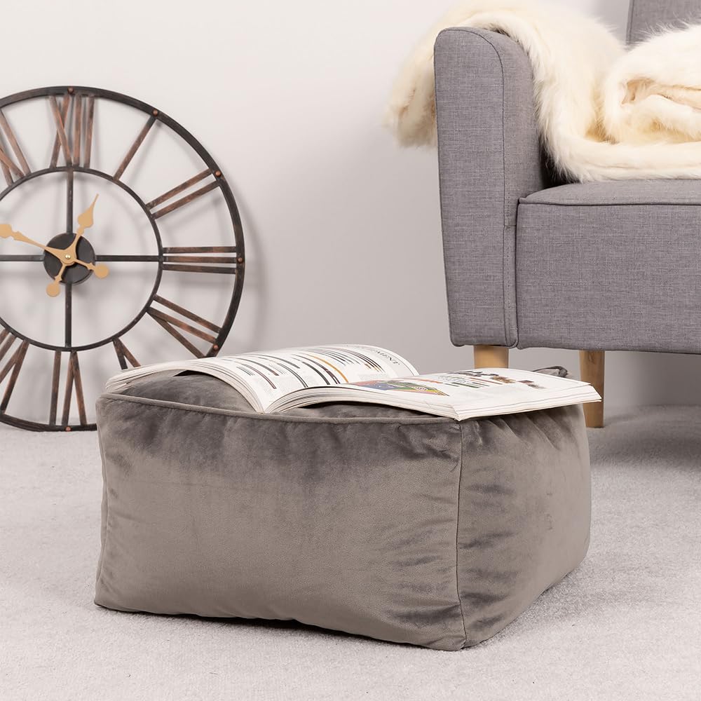 icon Amara Velvet Bean Bag Footstool | Charcoal Grey Square Pouffe