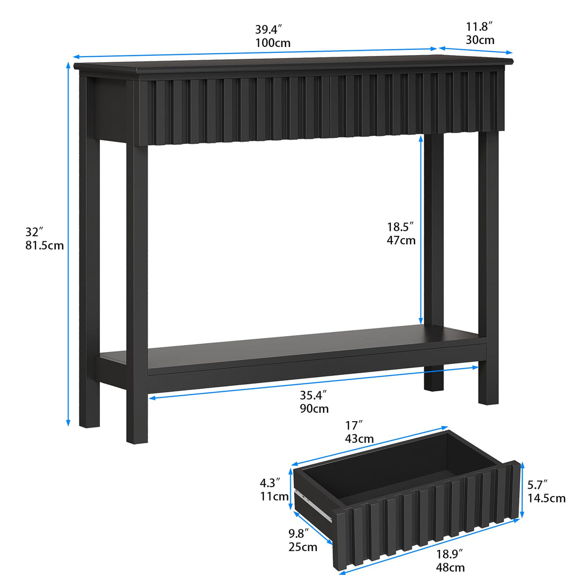 Trironsun Narrow Fluted Console Table with 2 Drawers and Open Shelf Modern Painted Wood Sofa Table for Hallway, Living Room or Behind Couch Black - image 5