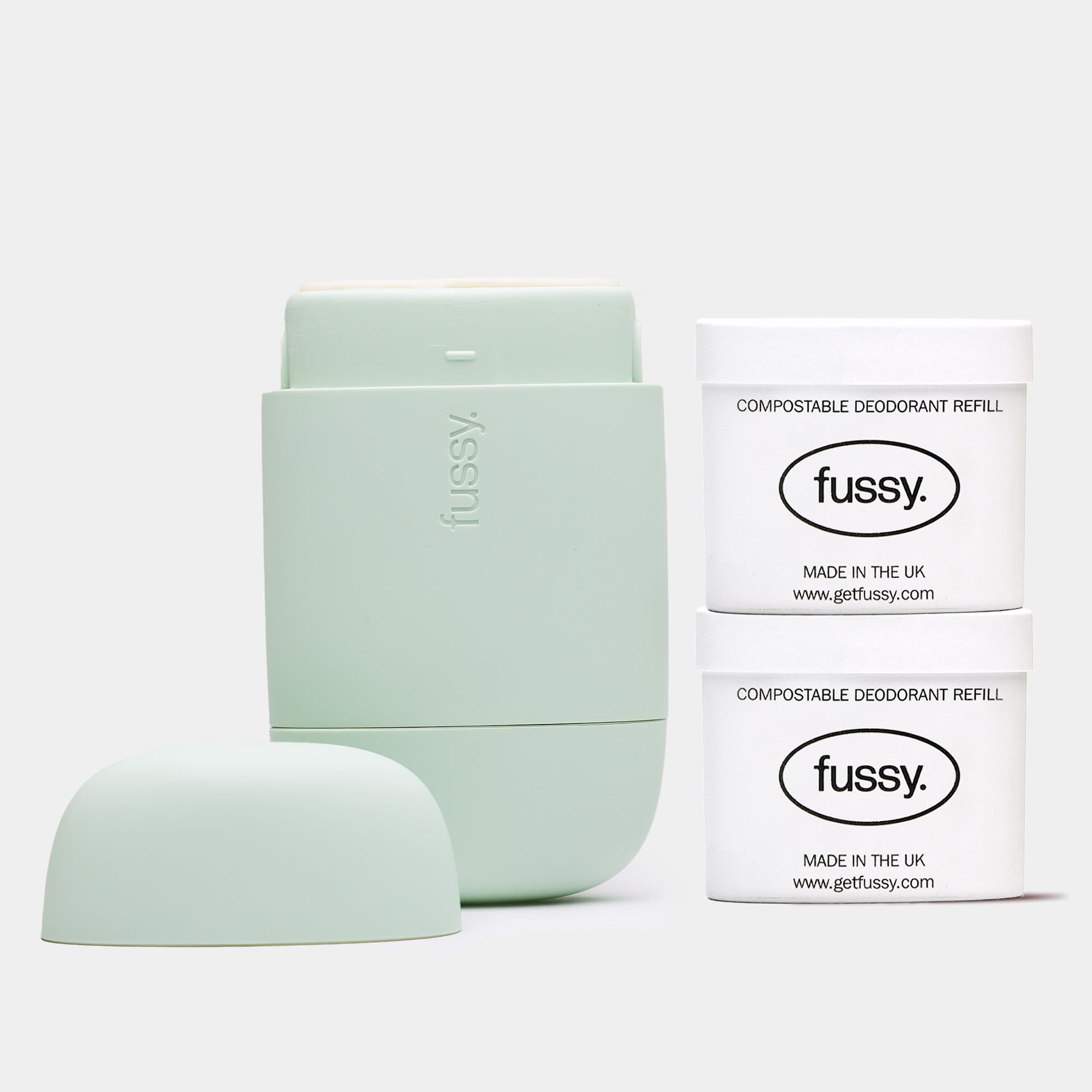 Fussy Natural Refillable Deodorant – Mint Green Case & 2 Refills