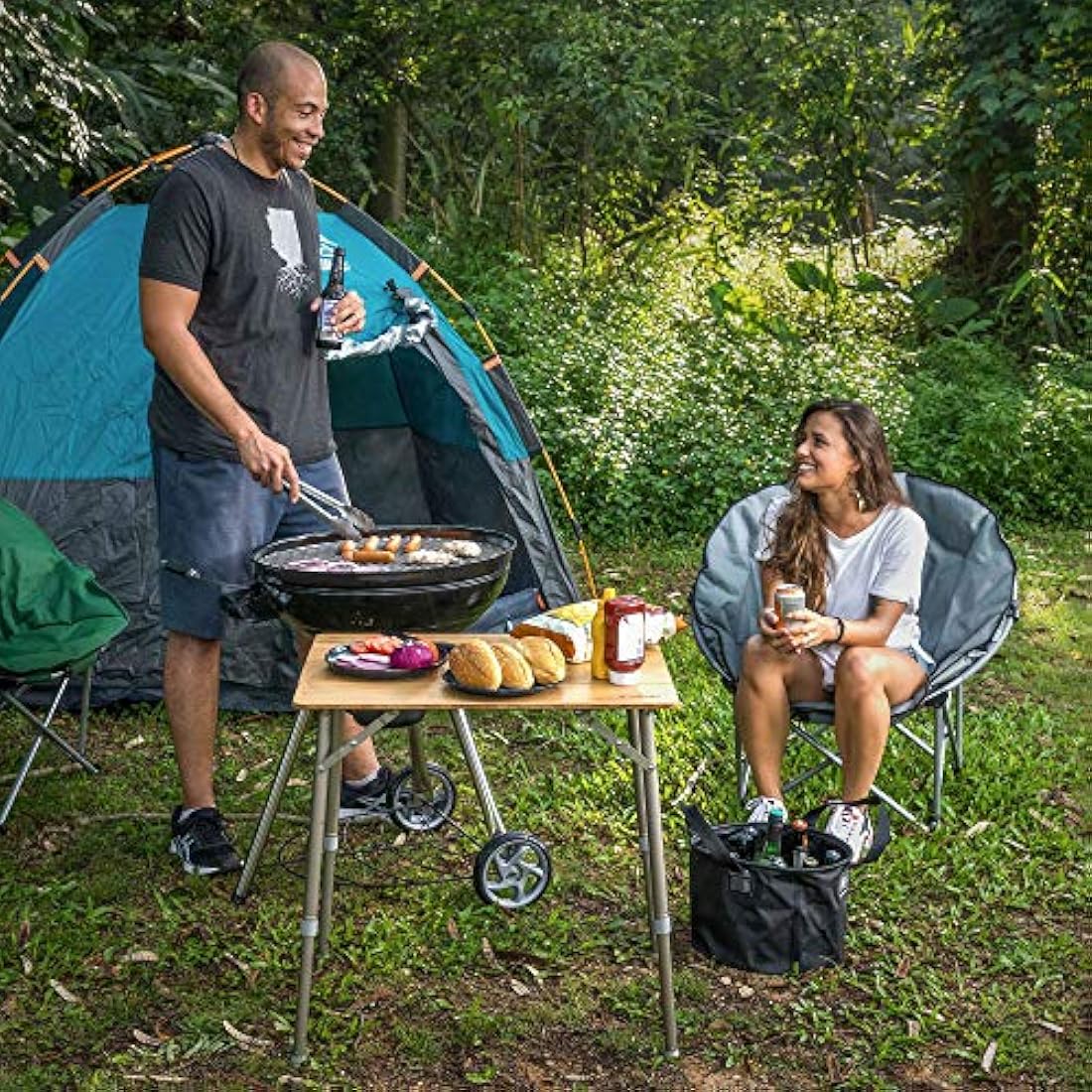 Navaris Bamboo Folding Camping Table | Height Adjustable Outdoor Desk