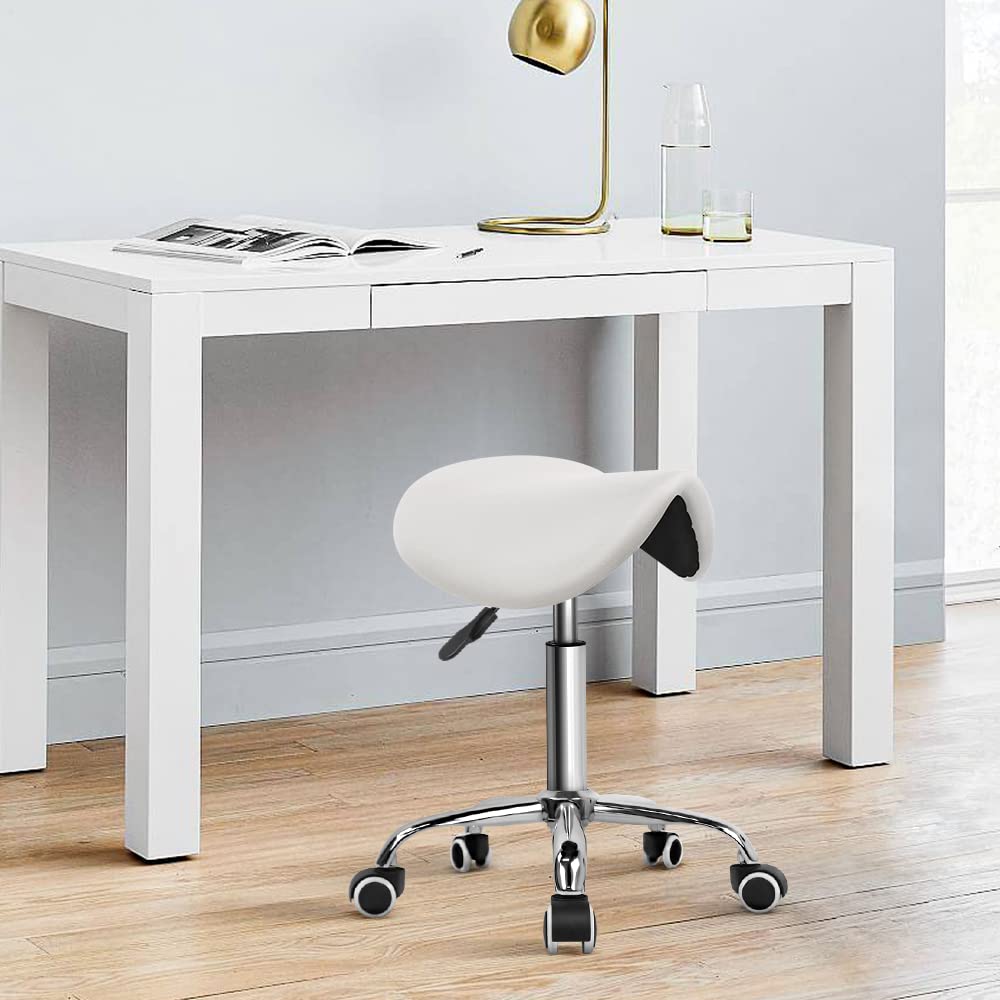 KKTONER Rolling Saddle Stool | Adjustable PU Leather Salon Chair - White