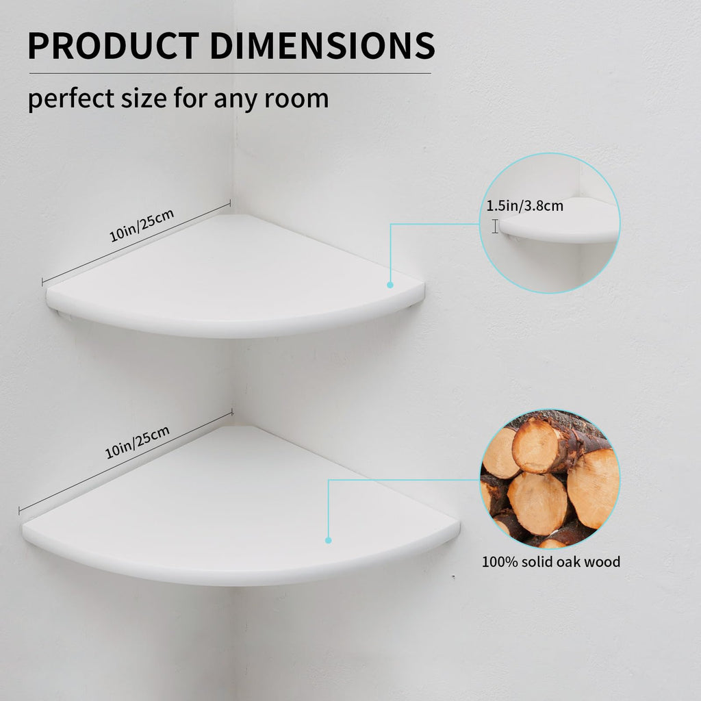 GIEANOO Solid Oak Wood Corner Floating Shelves - Set of 2 White Wall Mount