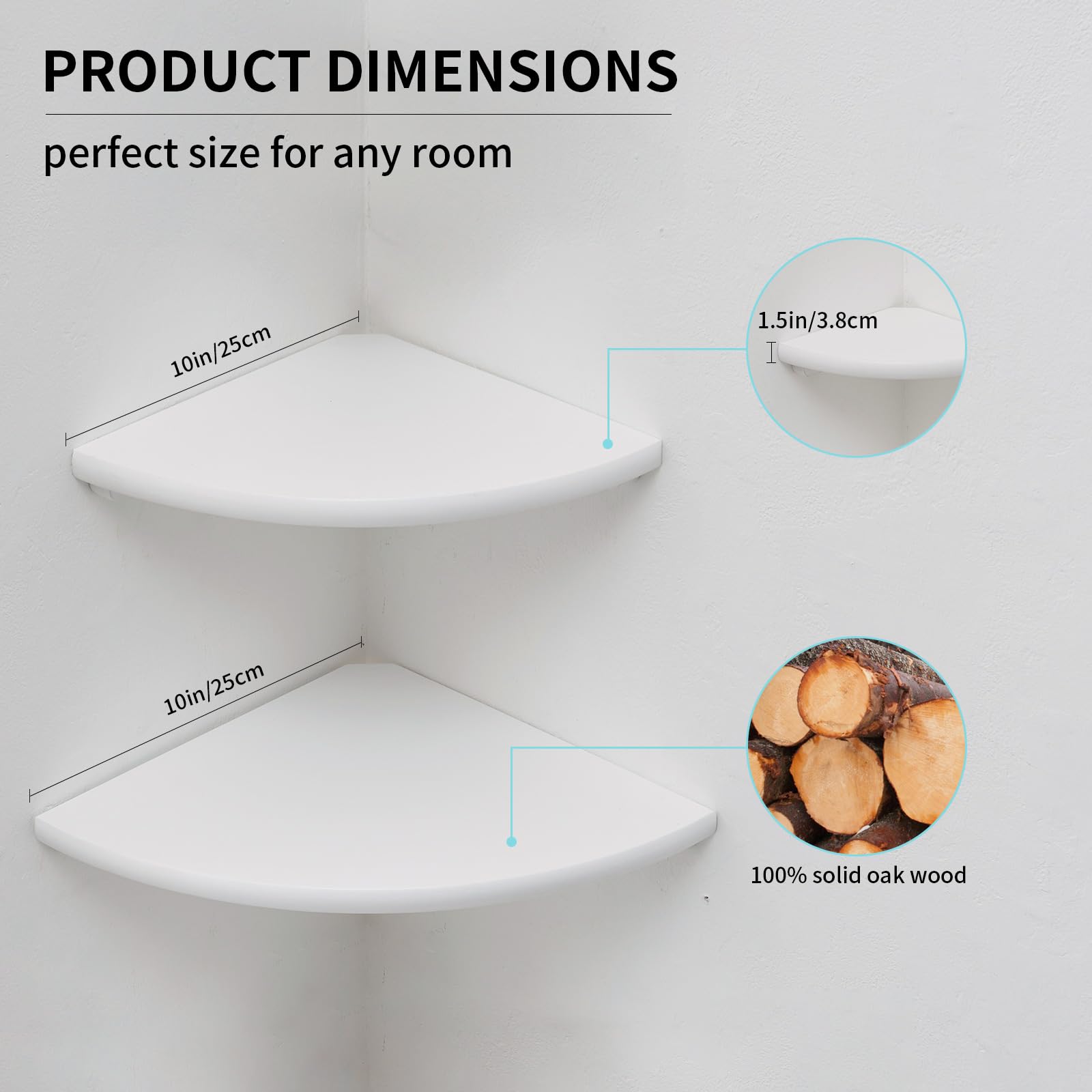 GIEANOO Solid Oak Wood Corner Floating Shelves - Set of 2 White Wall Mount
