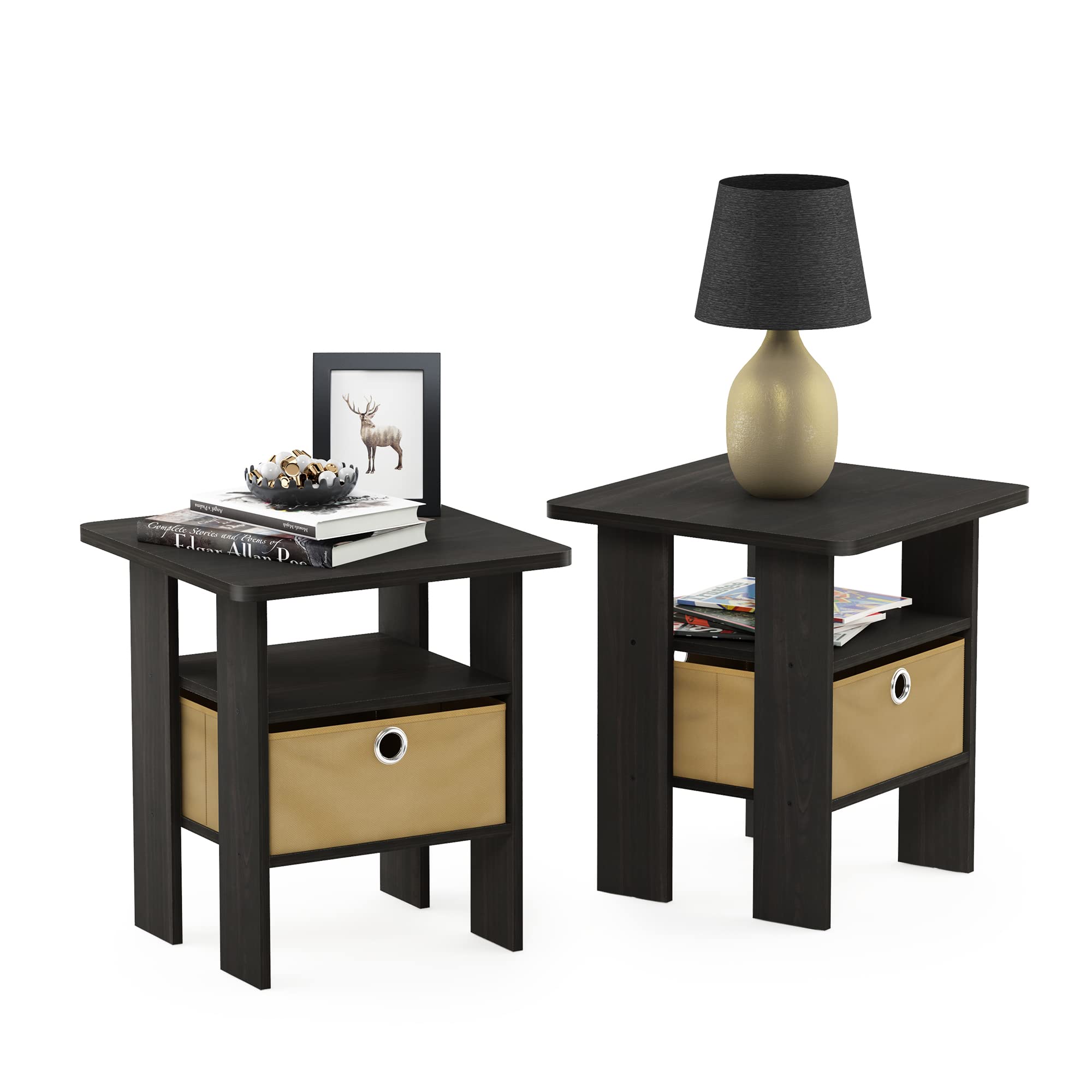 Furinno Andrey Side Table Set of 2 – Nightstand with Storage Bin
