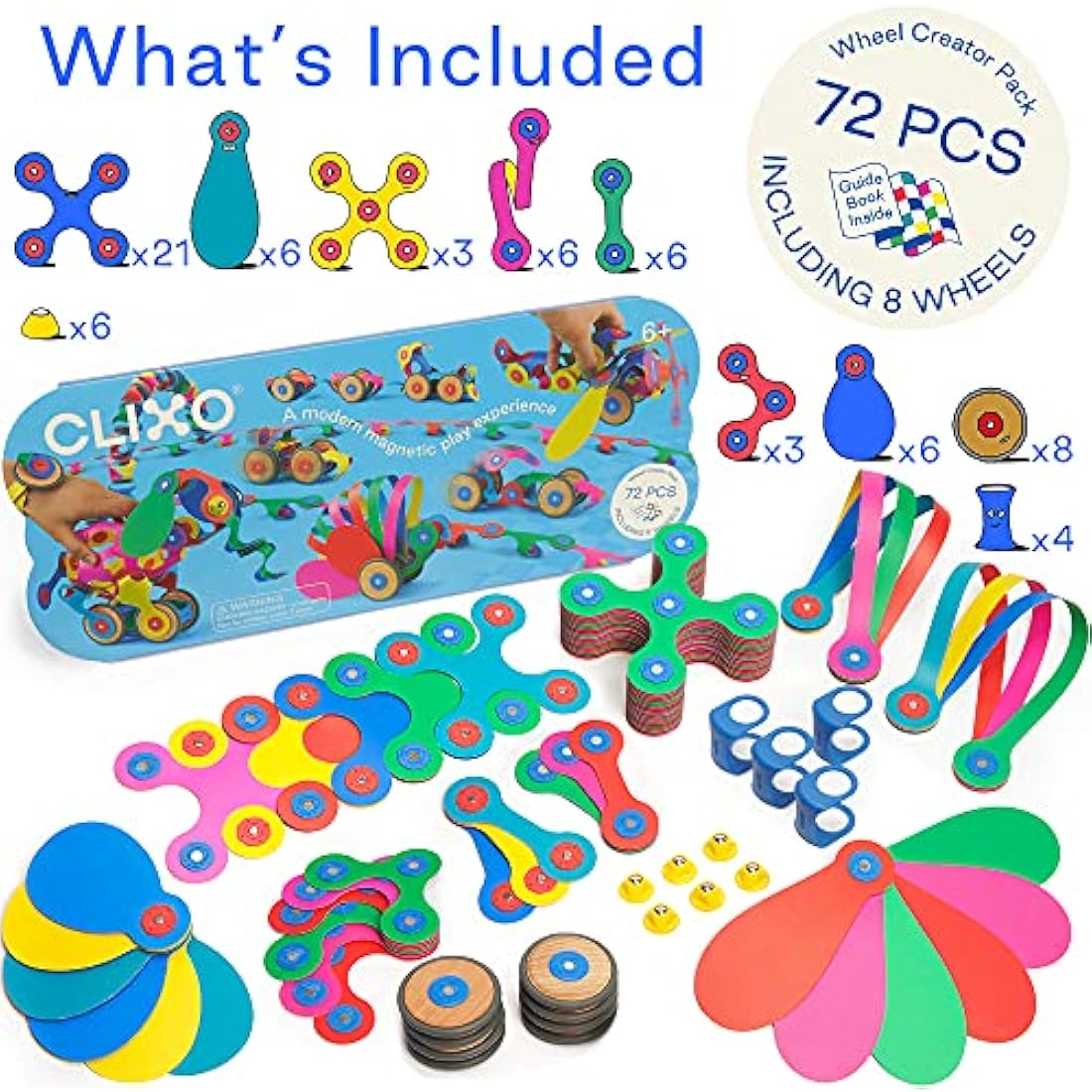 Clixo Wheel Creator Pack – 72 Piece Magnetic Tiles Construction Toy