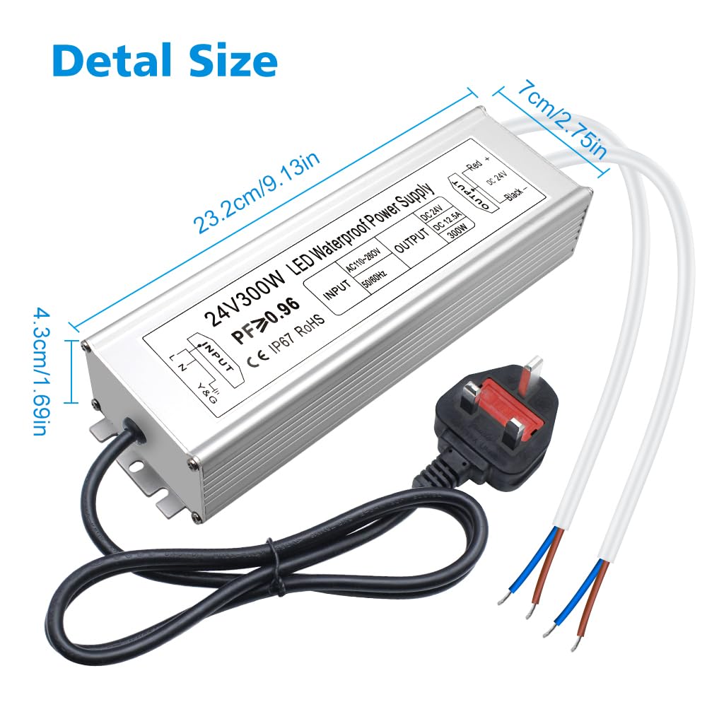 inShareplus 24V 300W LED Power Supply | IP67 Waterproof Outdoor Driver