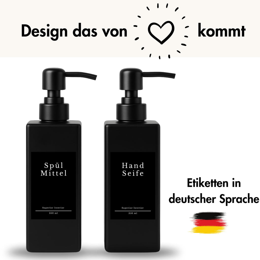 Soap Dispenser Glass Black Matt Pack of 2, 350 ml with Stainless Steel Pump - Detergent Dispenser for Kitchen