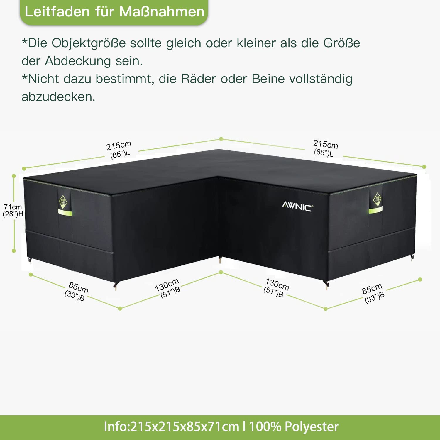 Awnic L-Shape Garden Sofa Cover | Waterproof 420D Polyester - 215cm