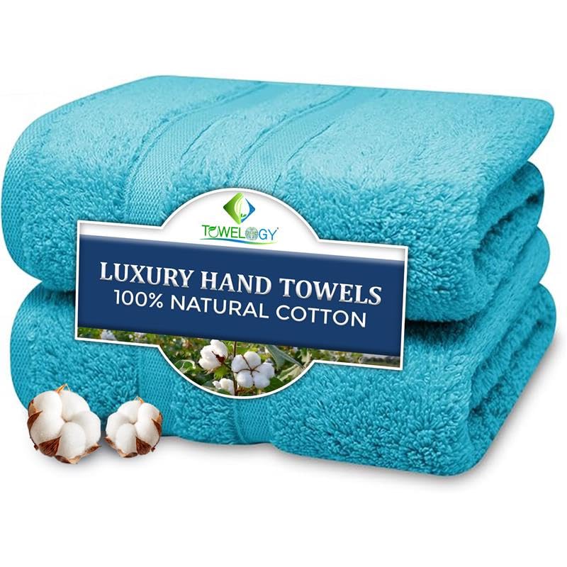 Towelogy 100% Cotton Hand Towels | Zero Twist Absorbent Set of 2 - Teal
