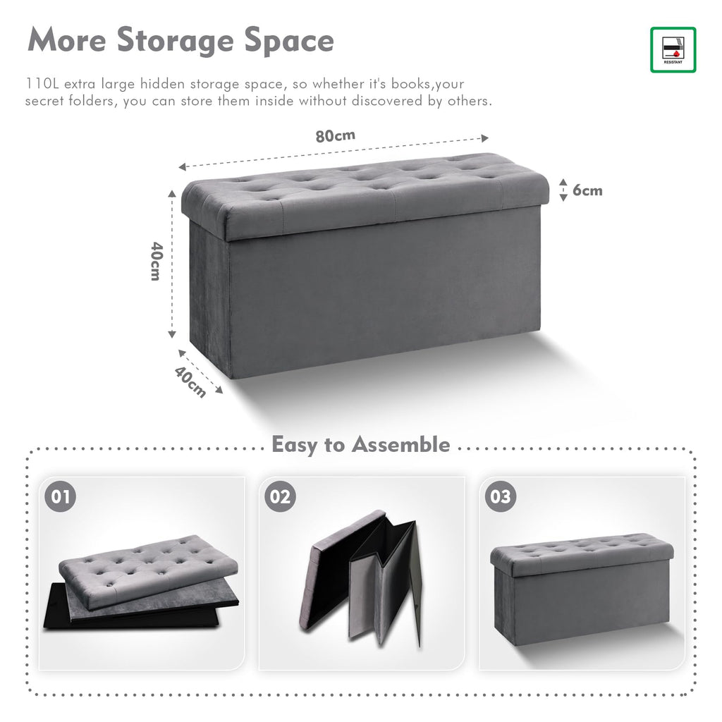 Bonlife Folding Velvet Ottoman Storage Bench | 80cm Footrest Toy Chest