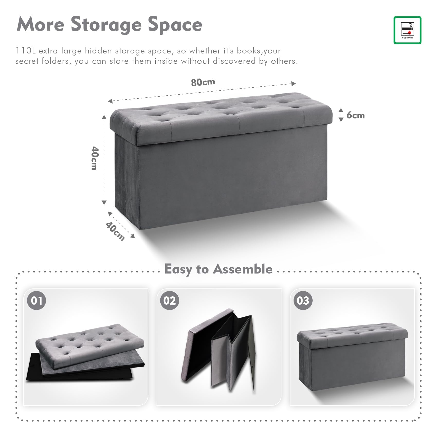 Bonlife Folding Velvet Ottoman Storage Bench | 80cm Footrest Toy Chest