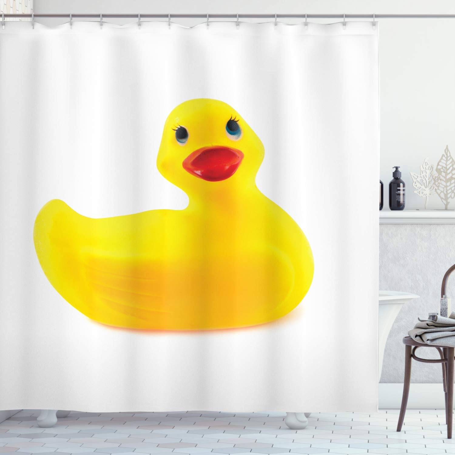 ABAKUHAUS Rubber Duck Shower Curtain – Waterproof Fabric Kids Bathroom Decor