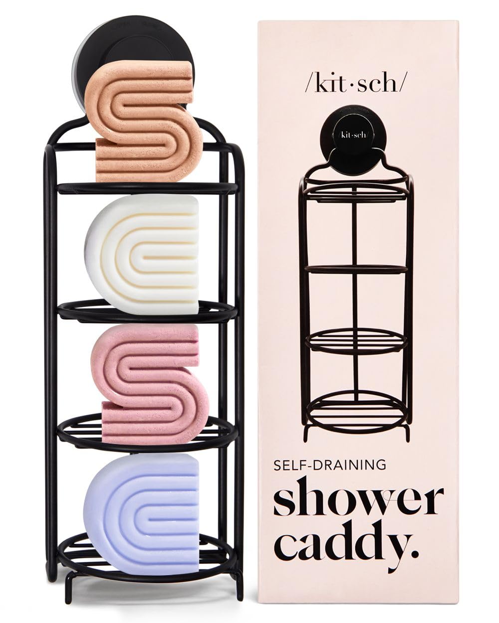 Kitsch Self-Draining Shower Caddy | Rustproof Suction Soap Dish - Black