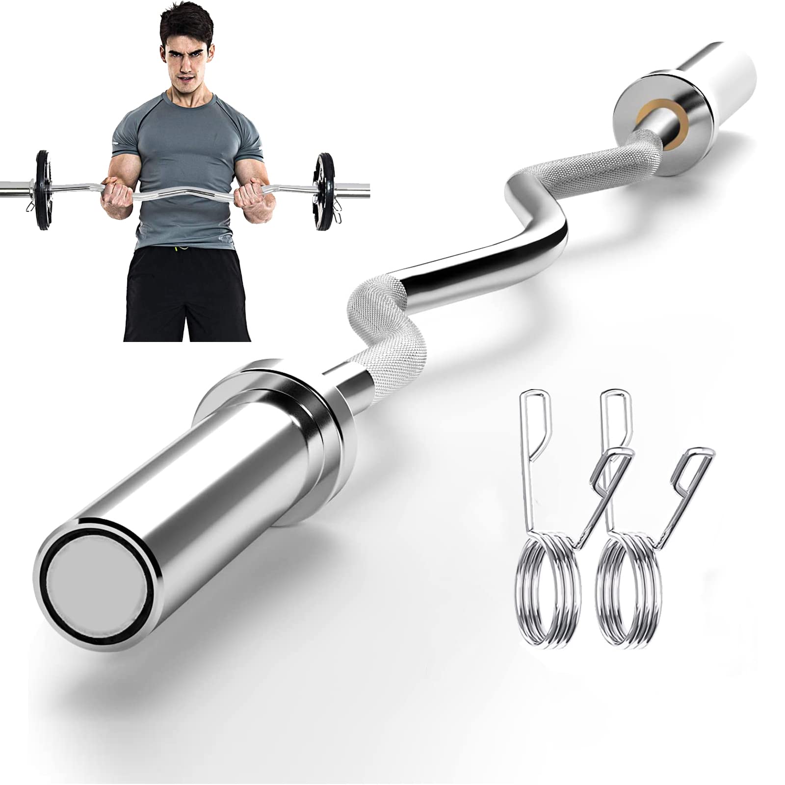 Tonchean 47" Olympic EZ Curl Bar | 220lb Capacity Chrome Steel Barbell