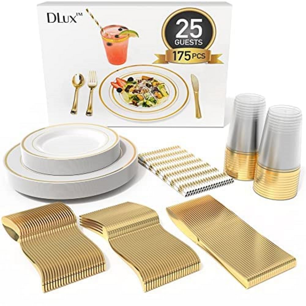 DLux 175-Piece Gold Plastic Dinnerware Set for 25 Guests | Wedding & Party