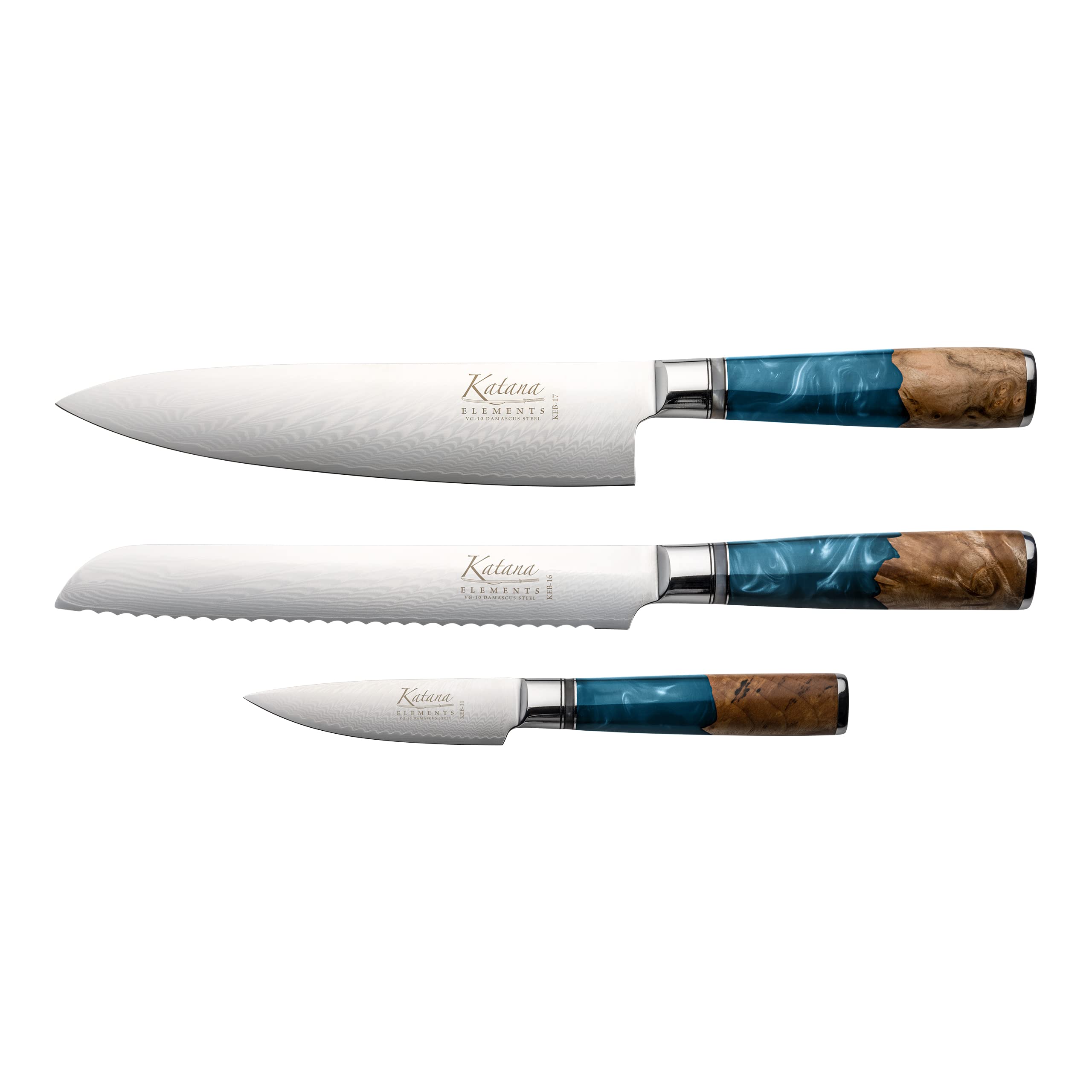 Katana Saya Elements 3pc Japanese VG-10 Damascus Knife Set | Ocean Blue