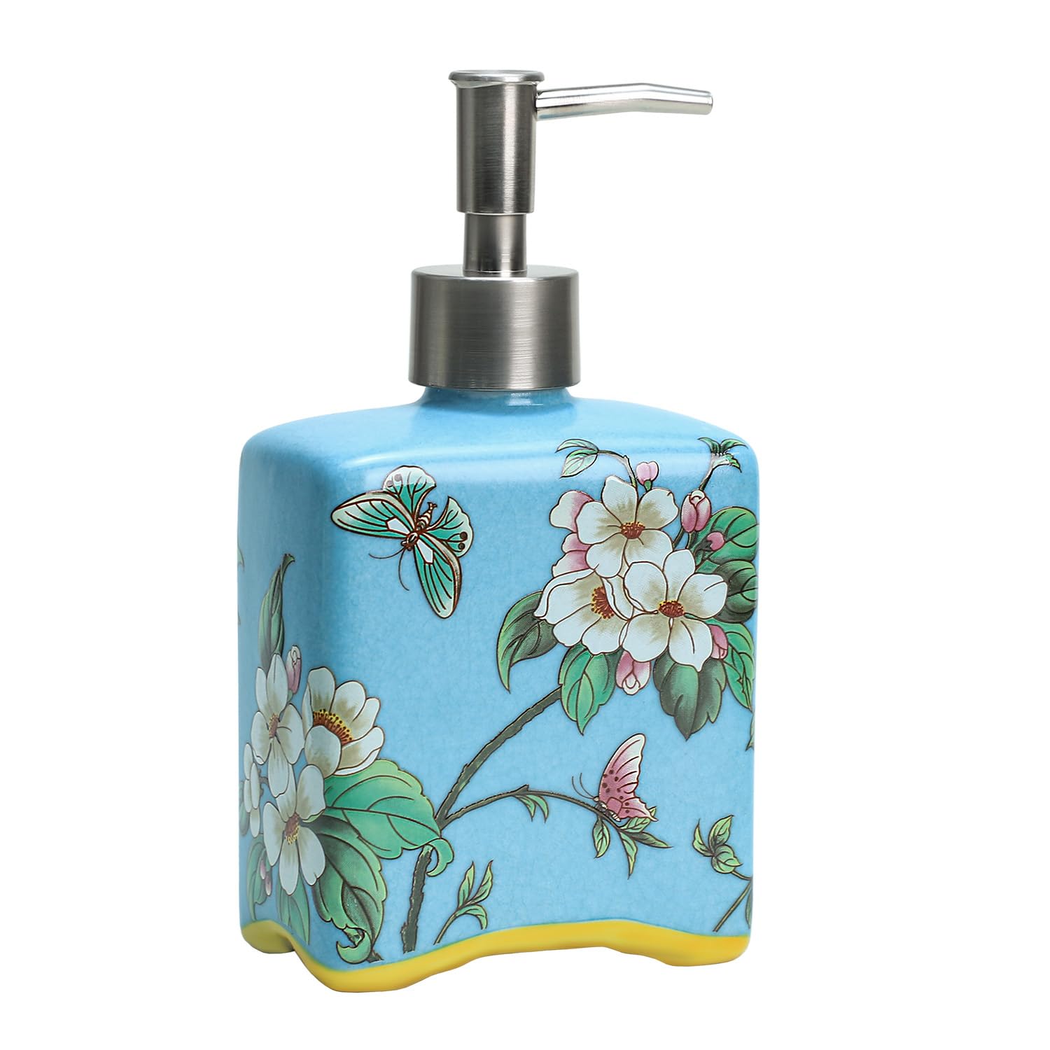 Bicuzat Ceramic Soap Dispenser | Blue Floral Lotion Pump - 13 oz