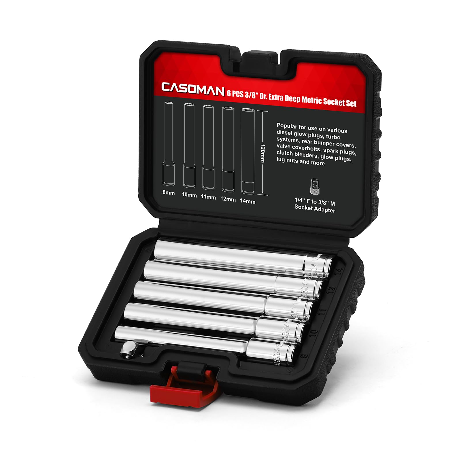 CASOMAN 6-Piece 3/8-Inch Drive Extra Deep Metric Socket Set | 120mm CR-V