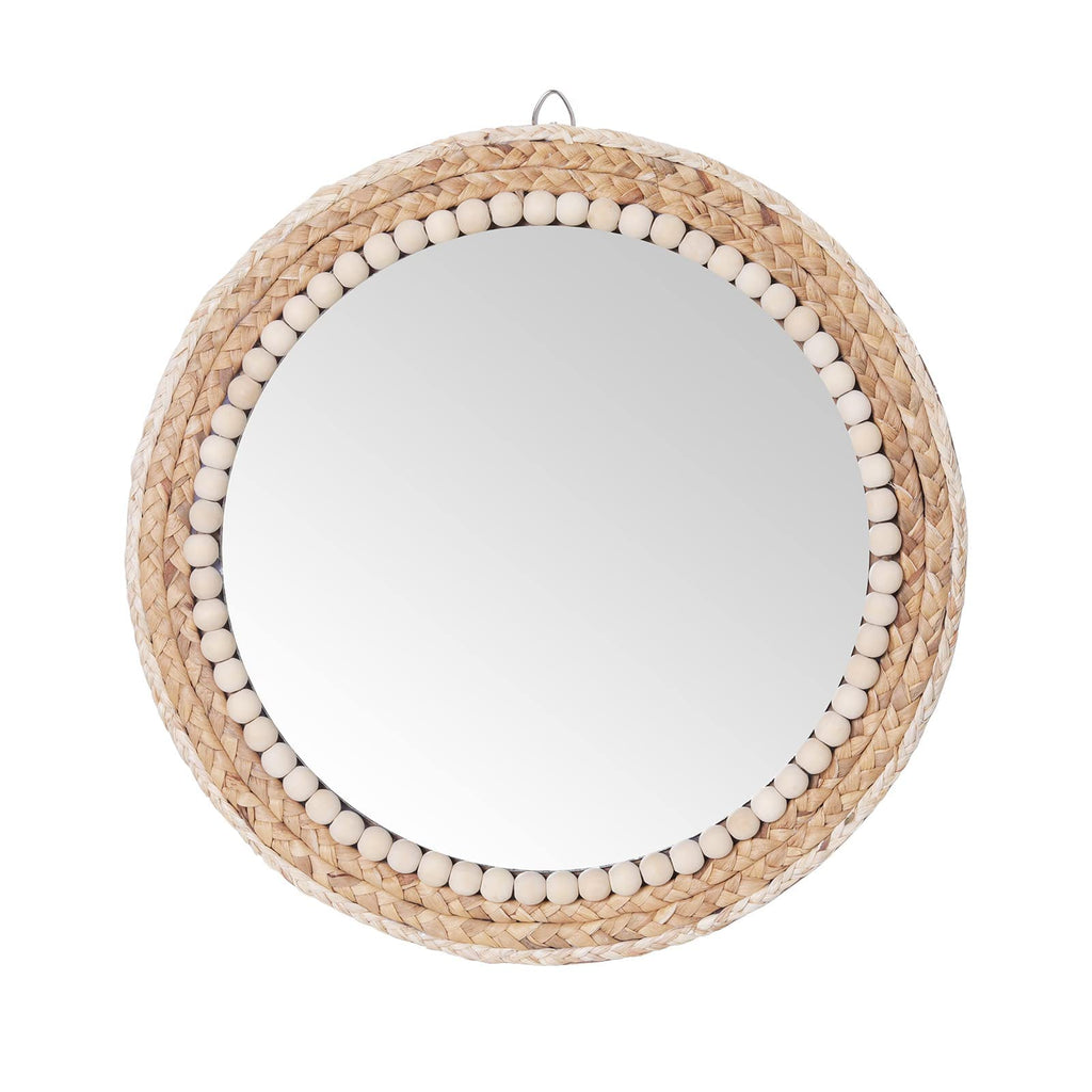 SWTHONY 15 Inch Boho Round Rattan Wall Mirror | Wicker & Wood Bead Decor
