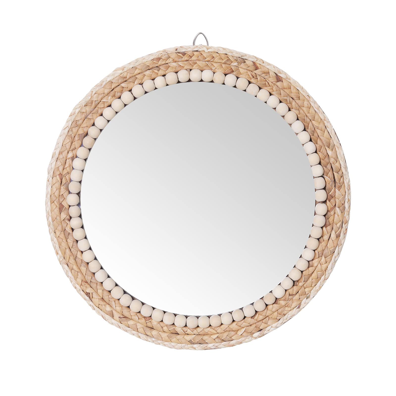 SWTHONY 15 Inch Boho Round Rattan Wall Mirror | Wicker & Wood Bead Decor