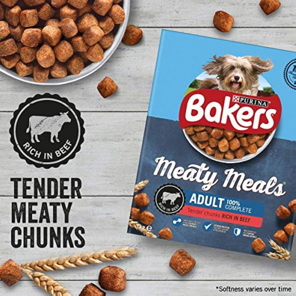 Bakers Meaty Meals Beef Dry Dog Food - 1kg Adult Kibble (Pack of 4)