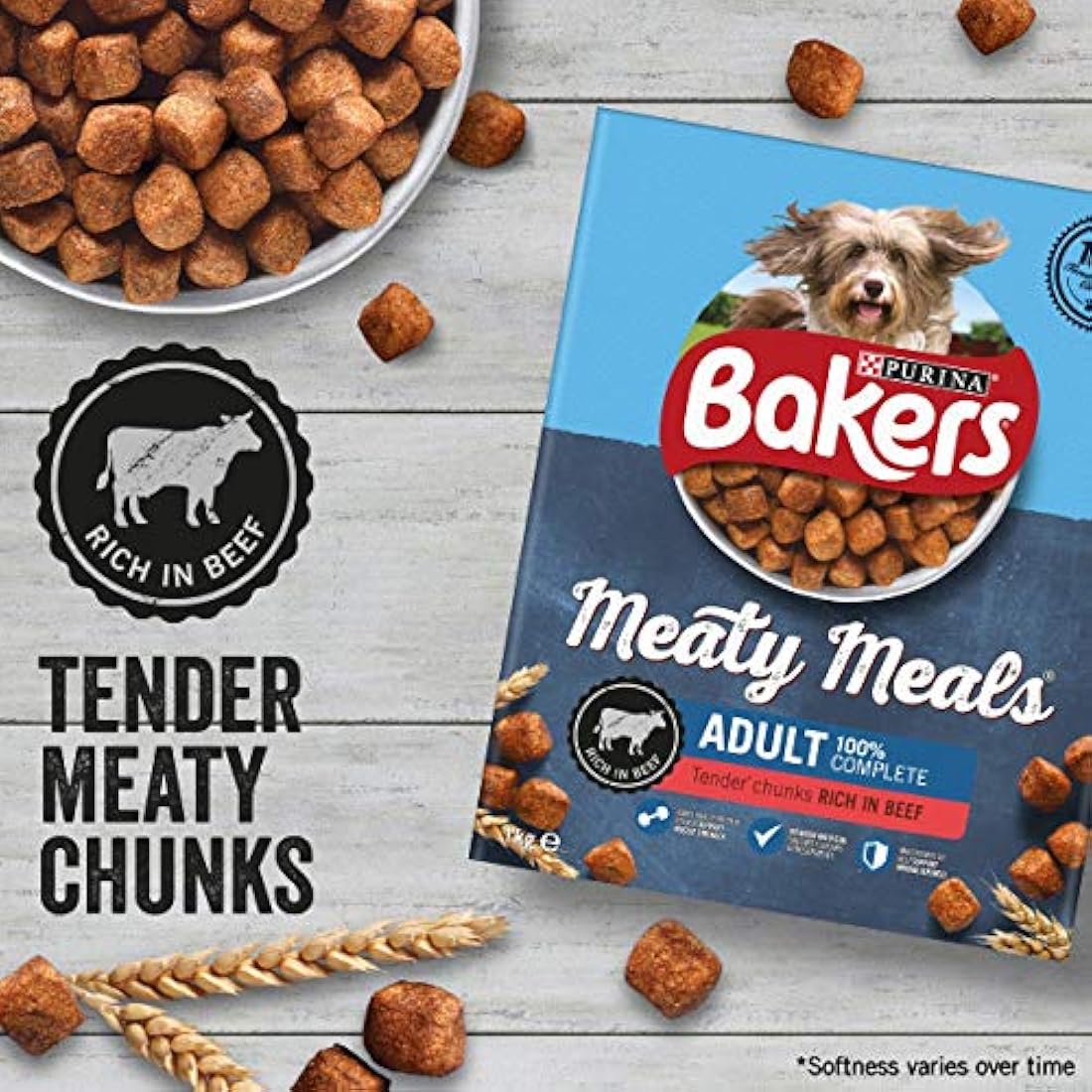 Bakers Meaty Meals Beef Dry Dog Food - 1kg Adult Kibble (Pack of 4)