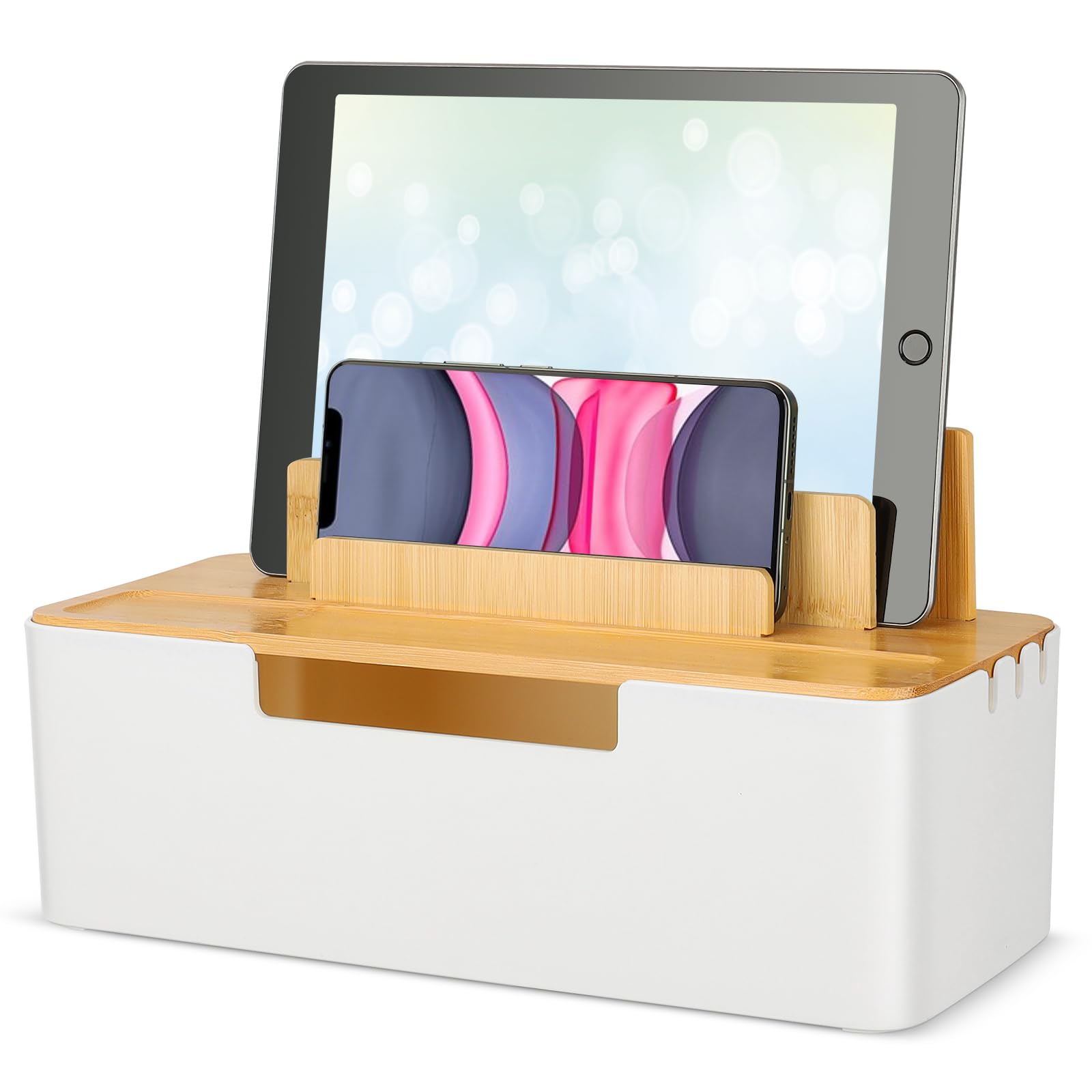 CRROEL Cable Management Box – Desktop Cord Organizer with Lid, White