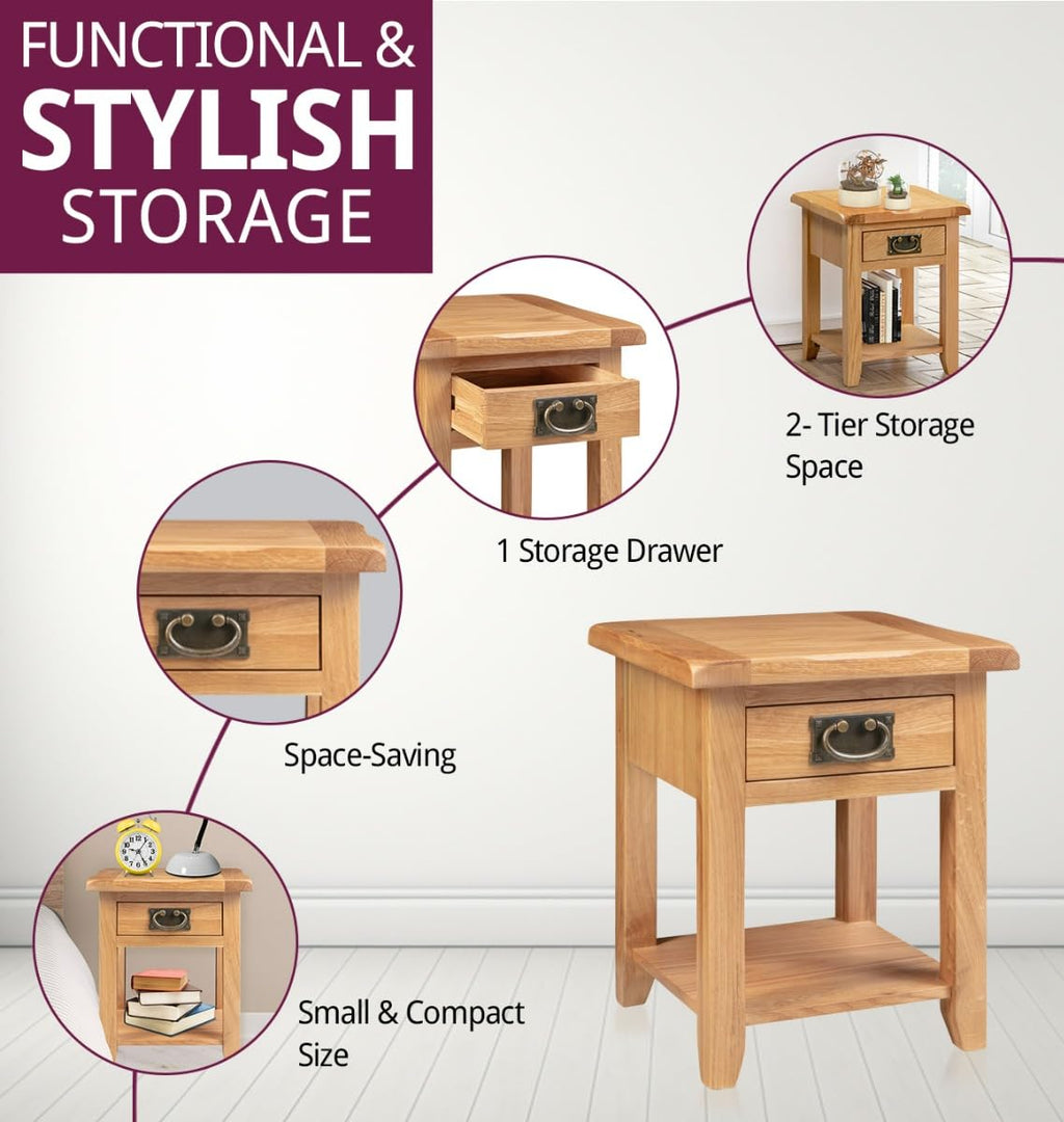 Hallowood Monchique Small Solid Oak Side Table with Drawer and Shelf