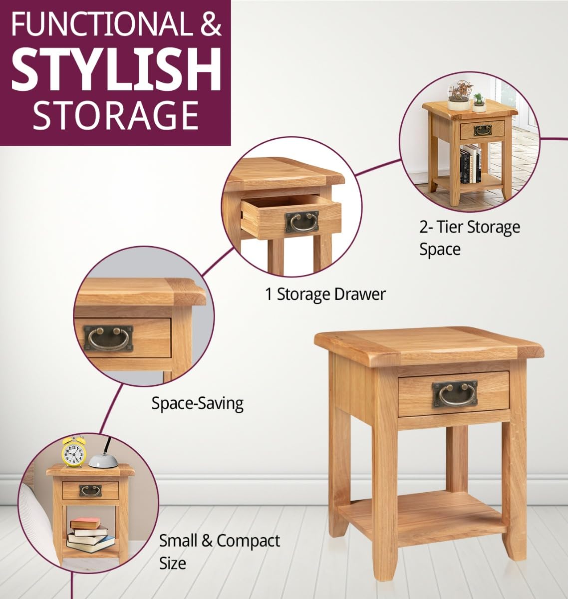 Hallowood Monchique Small Solid Oak Side Table with Drawer and Shelf