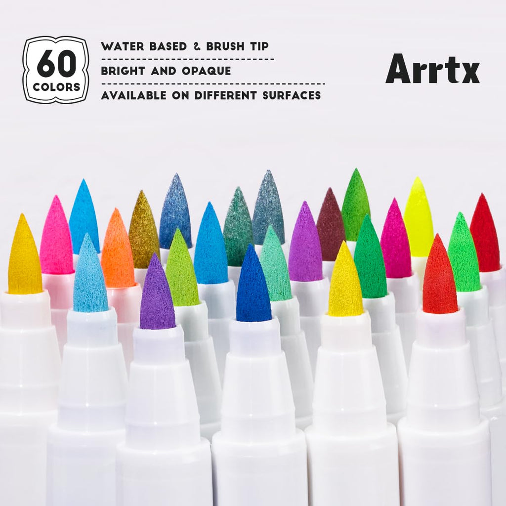 Arrtx 60 Colors Acrylic Paint Pens | Brush Tip Markers for Rock Painting