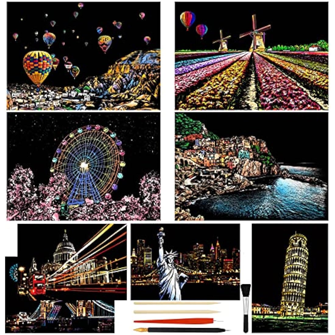 Heyu-Lotus 8pcs Rainbow Scratch Art Paper Kit – City Night Sketch Set