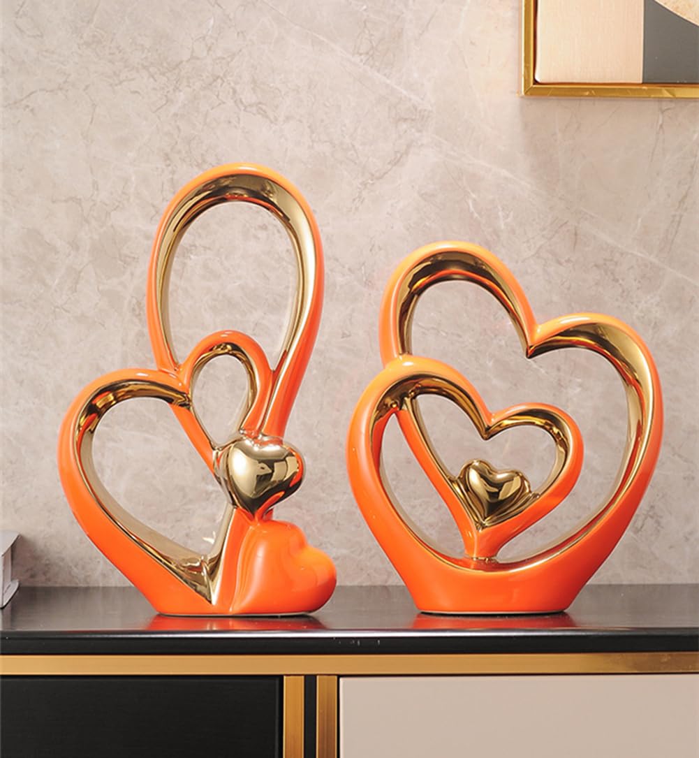 Double Heart Ceramic Sculpture – Modern Gold & Orange Ornament