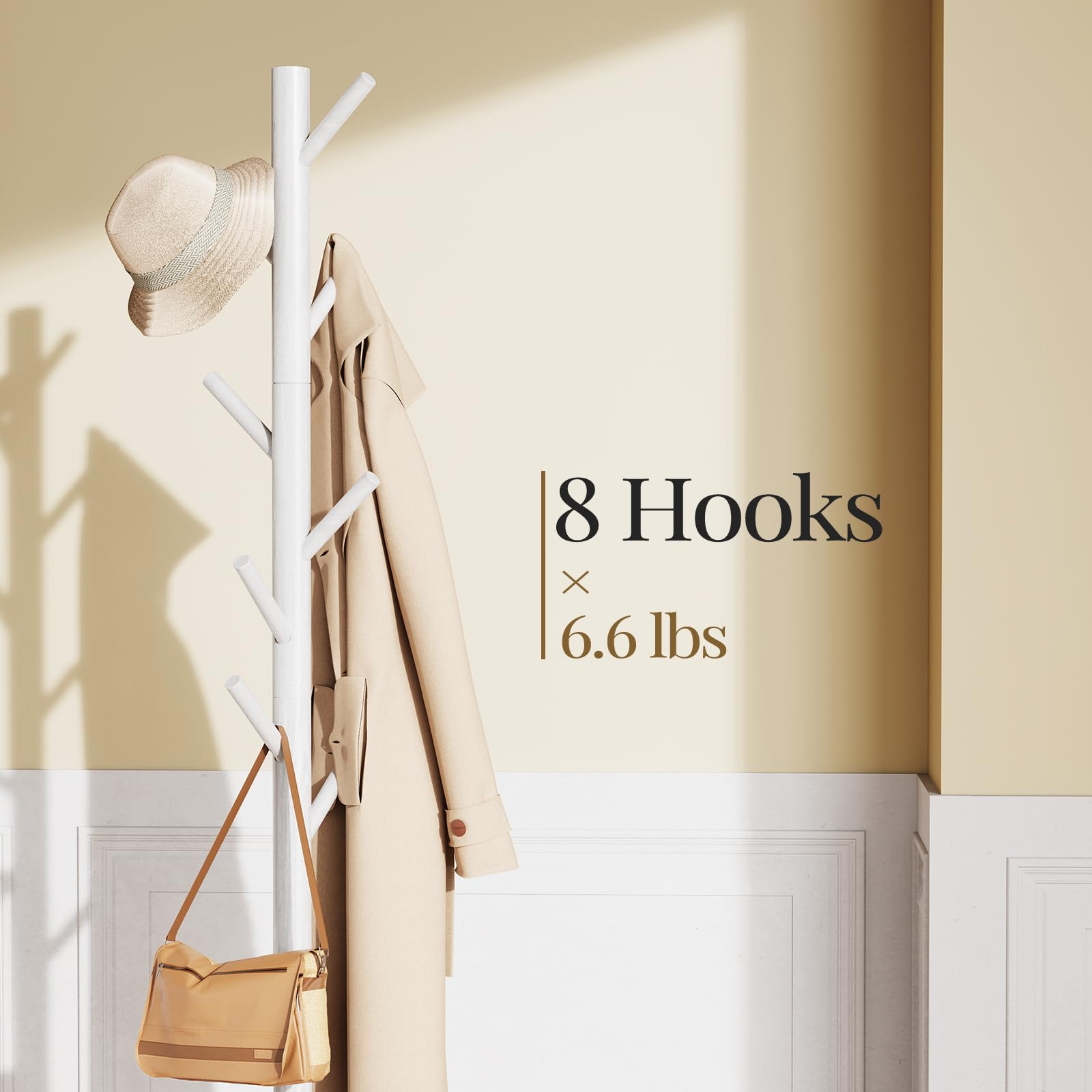Pipishell Wooden Coat Rack – 8 Hooks Freestanding Adjustable Coat Tree