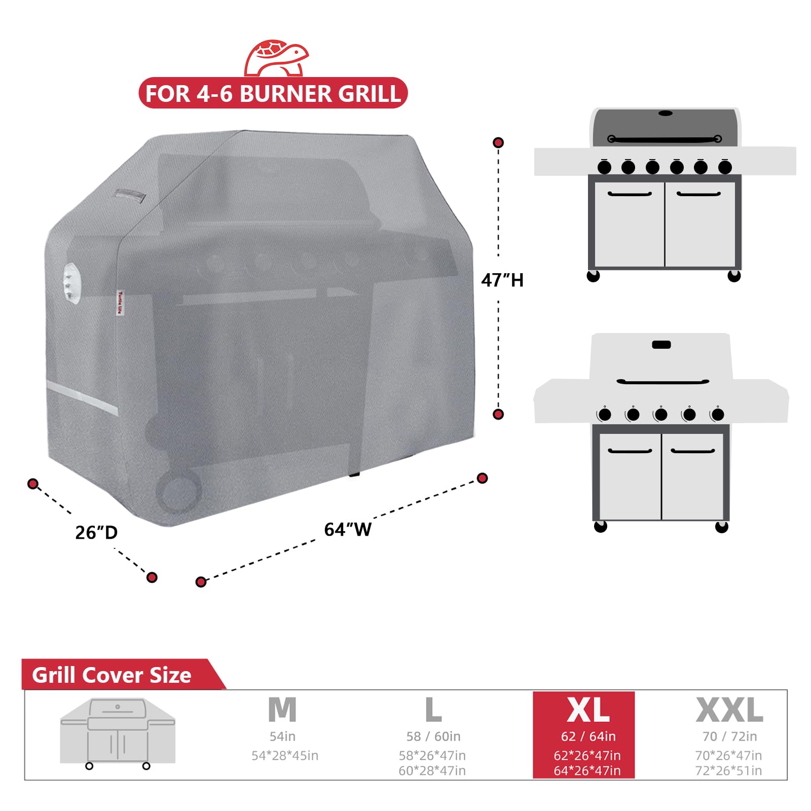 Turtle Life 64-Inch Heavy Duty Waterproof BBQ Gas Grill Cover – Gray