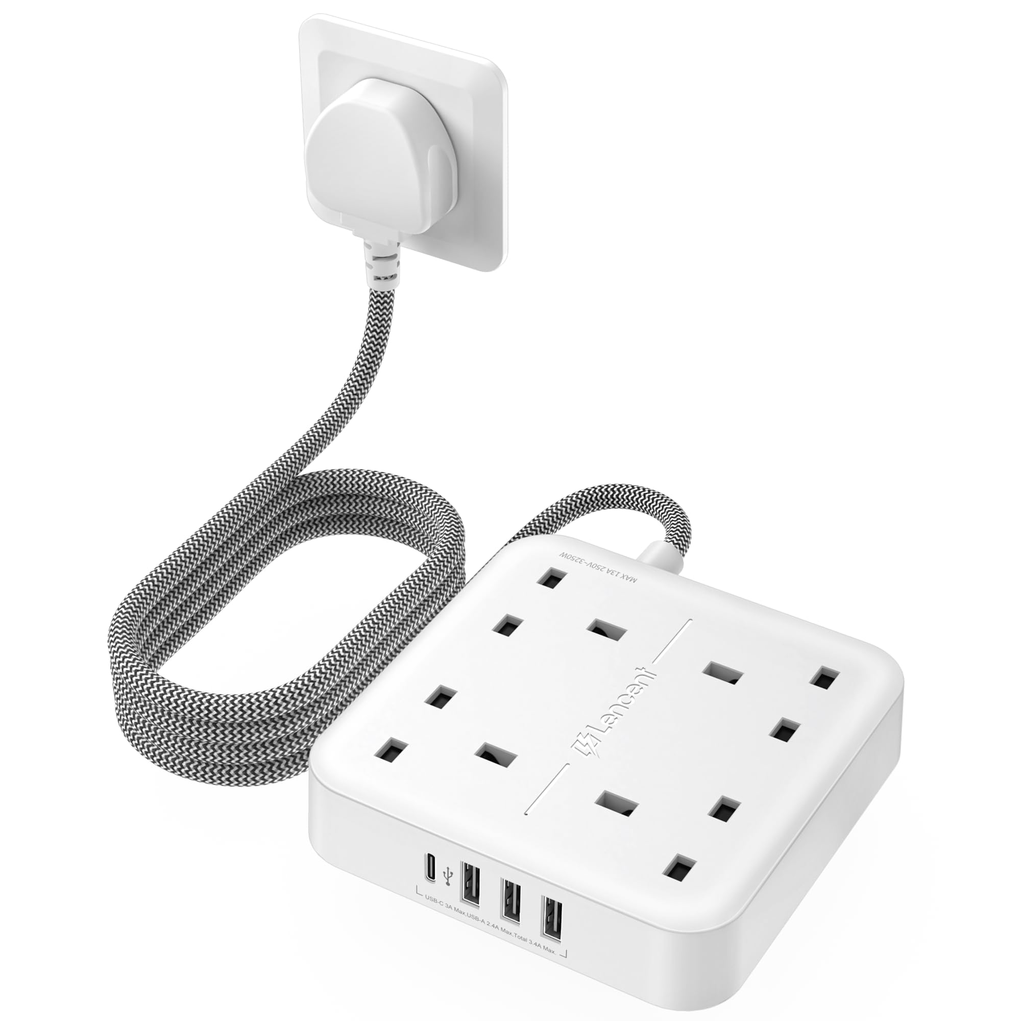 LENCENT 4-Way Extension Lead | 3250W Power Strip with USB-C & 1.8M Cord